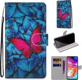 Voor Samsung Galaxy A70 Gekleurde tekening Cross Texture Horizontale Flip PU lederen tas met houder & kaartsleuven & portemonnee & lanyard (grote rode vlinder op blauw)