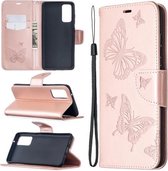 Voor Samsung Galaxy S20 FE 5G / S20 Lite Embossing Twee vlinders patroon Horizontale flip PU lederen tas met houder & kaartsleuf & portemonnee & lanyard (goud)
