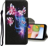 Voor Samsung Galaxy A31 Gekleurd tekeningpatroon Horizontaal Flip PU-lederen hoes met houder & kaartsleuven & portemonnee & lanyard (drie fluorescerende vlinders)