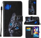 Voor Samsung Galaxy A11 / M11 Cross Texture Painting Pattern Horizontale Flip lederen tas met houder & kaartsleuven & portemonnee & lanyard (Blue Butterfly Cat Eyes)