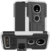 Bandentextuur TPU + PC schokbestendig telefoonhoesje voor Motorola Moto Z4 Play (met vingerafdrukgat), met houder (wit)