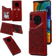 Voor Huawei Mate 30 Pro bloem reliëfpatroon schokbestendig beschermhoes met houder & kaartsleuven & fotolijst (rood)