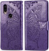 Butterfly Love Flowers Embossing Horizontale Flip Leather Case voor Motorola P40 met houder & kaartsleuven & portemonnee & lanyard (donkerpaars)