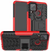 Voor OPPO Realme C15 Bandentextuur Schokbestendig TPU + pc Beschermhoes met houder (rood)