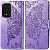 Voor Galaxy S20 Ultra Butterfly Love Flowers Embossing Horizontale Flip lederen tas met houder & kaartsleuven & portemonnee & lanyard (lichtpaars)