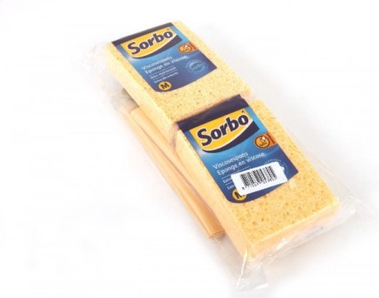 Twee gele Sorbo viscosponsjes in plastic verpakking. De sponsjes hebben een fijnmazige structuur.