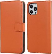 Vlakke structuur rundleer horizontale flip case met magnetische sluiting & houder & kaartsleuven & portemonnee voor iPhone 12 Pro Max (oranje)