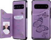 Voor Galaxy S10 5G vlinder reliëfpatroon schokbestendig beschermhoes met houder & kaartsleuven en fotolijst (paars)