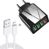 2 in 1 1 m USB naar 8-pins datakabel + 30 W QC 3.0 4 USB-interfaces Mobiele telefoon Tablet PC Universele snellader Reisladerset, EU-stekker (zwart)