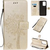 Voor Galaxy S20 Ultra Tree & Cat Pattern Pressed Printing Horizontale Flip PU lederen tas met houder & kaartsleuven & portemonnee & lanyard (goud)