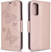 Voor Galaxy S20 Embossing Two Butterflies Pattern Horizontale Flip PU Leather Case met houder & kaartsleuf & portemonnee & lanyard (goud)