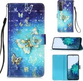 Voor Samsung Galaxy 21 5G 3D Schilderen Horizontale Flip Leren Case met Houder & Kaartsleuf & Portemonnee & Lanyard (Gouden Vlinder)