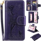 Voor Galaxy Note 10 vrouw en kat reliëf horizontale flip lederen tas, met portemonnee & houder & kaartsleuven & fotolijst & spiegel & lanyard (paars)