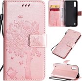 Voor Galaxy A01 Tree & Cat Pattern Pressed Printing Horizontale Flip PU Leather Case met houder & kaartsleuven & portemonnee & Lanyard (Rose Gold)
