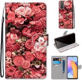 For Honor 10X Lite Gekleurde Tekening Cross Textuur Horizontale Flip PU Lederen Case met Houder & Kaartsleuven & Portemonnee & Lanyard (Pink Rose Garden)