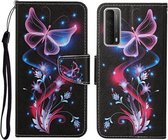 Voor Huawei P Smart 2021 / Y7a Gekleurde Tekening Patroon Horizontale Flip Leren Case met Houder & Kaartsleuven & Portemonnee (Fluorescerende Vlinder)