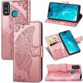 Voor Huawei Honor 9X Lite Vlinder Liefde Bloem Reliëf Horizontale Flip Leren Case met Beugel / Kaartsleuf / Portemonnee / Lanyard (Rose Goud)