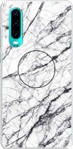 Voor Huawei P30 reliëf gelakt marmer TPU beschermhoes met houder (wit)