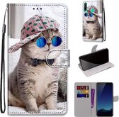 Voor Huawei P40 Lite E / Y7p Gekleurde Tekening Cross Textuur Horizontale Flip PU Lederen Case met Houder & Kaartsleuven & Portemonnee & Lanyard (B20 Slant Hat Blue Mirror Cat)