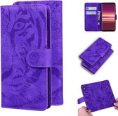 Voor Sony Xperia 5 Tiger Embossing Pattern Horizontale Flip lederen tas met houder & kaartsleuven & portemonnee (paars)