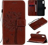 Voor Xiaomi Redmi 9A Boom & Kat Patroon Geperst Afdrukken Horizontale Flip PU Lederen Case met Houder & Kaartsleuven & Portemonnee & Lanyard (Koffie)