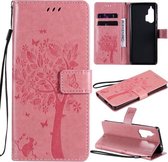 Voor Motorola Edge + Tree & Cat Pattern Pressed Printing Horizontale Flip PU lederen tas met houder & kaartsleuven & portemonnee & lanyard (roze)