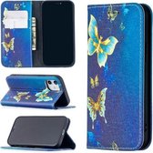 Gekleurde tekening patroon onzichtbare magnetische horizontale flip PU lederen tas met houder & kaartsleuven & portemonnee voor iPhone 12 mini (gouden vlinders)
