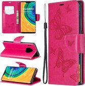 Voor Huawei Mate 30 Pro Twee Vlinders Embossing Patroon Horizontale Flip Leren Case met Houder & Kaartsleuf & Portemonnee & Lanyard (Rose Rood)