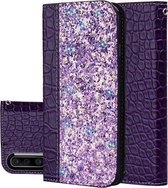 Krokodiltextuur Glitterpoeder Horizontale leren flip-hoes voor Galaxy A50, met kaartsleuven en houder (paars)