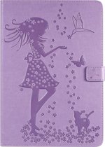 Voor iPad 10.2 / Pro 10.5 / Air 2019 Pressed Printing Woman and Cat Pattern Horizontale Flip lederen tas met houder & kaartsleuven & portemonnee (paars)