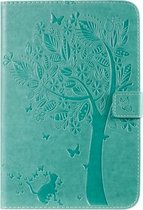 Voor iPad Mini 2019 & 4 & 3 & 2 & 1 Pressed Printing Cat and Tree Pattern Horizontale Flip lederen tas met houder & kaartsleuven & portemonnee (groen)
