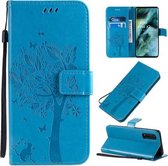 Voor OPPO Find X2 Tree & Cat Pattern Pressed Printing Horizontale Flip PU lederen tas met houder & kaartsleuven & portemonnee & lanyard (blauw)