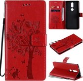 Voor Nokia 2.4 Tree & Cat Pattern Pressed Printing Horizontale Flip PU lederen tas met houder & kaartsleuven & portemonnee & lanyard (rood)