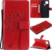 Voor OPPO A15 Boom & Kat Patroon Geperst Afdrukken Horizontale Flip PU Lederen Case met Houder & Kaartsleuven & Portemonnee & Lanyard (Rood)