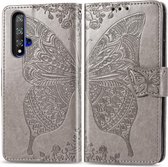 Butterfly Love Flowers Embossing Horizontale Flip Leather Case voor Huawei Honor 20 met houder & kaartsleuven & portemonnee & lanyard (grijs)