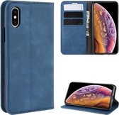 Voor iPhone XS Retro-skin Business magnetische zuignap lederen tas met portemonnee-beugel-boorkop (donkerblauw)