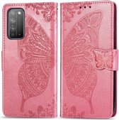 Voor Huawei Honor X10 Butterfly Love Flower Reliëf Horizontale Flip Leren Case met Beugel / Kaartsleuf / Portemonnee / Lanyard (Roze)
