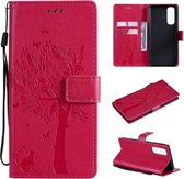 Voor OPPO Reno4 Pro 4G Tree & Cat Pattern Pressed Printing Horizontale Flip PU Leather Case met houder & kaartsleuven & portemonnee & Lanyard (Rose Red)