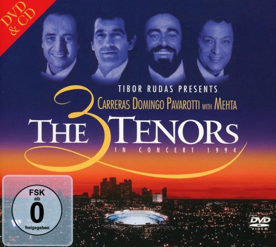 Hoes van 'The 3 Tenors in Concert 1994' dvd en cd met portretten van de tenoren en een avondstadsgezicht.