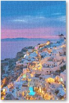 Oia met traditionele witte huizen en windmolens op het eiland Santorini, Griekenland in het blauwe avonduur - 252 Stukjes puzzel voor volwassenen - Landschap