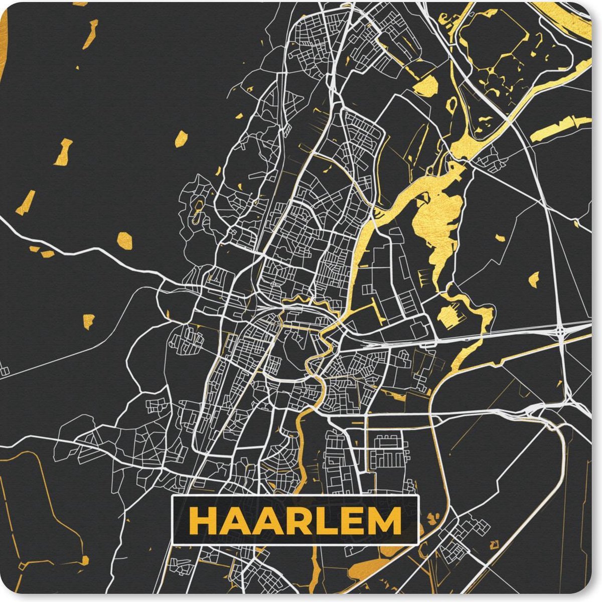 Muismat 30x30 cm - Mousepad Plattegrond - Haarlem - Goud - Zwart - Muismatten - Stadskaart