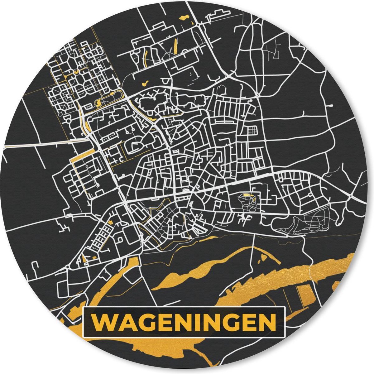 Muismat rond 20x20 cm - Mousepad Stadskaart - Wageningen - Goud - Zwart - Ronde muismatten