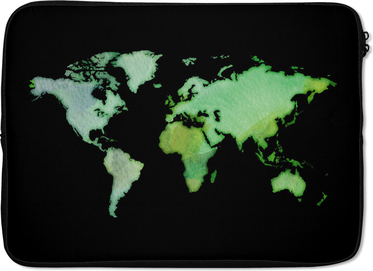 Laptophoes 13 inch - Wereldkaart - Groen - Waterverf - Laptop sleeve - Binnenmaat 32x22,5 cm - Zwarte achterkant