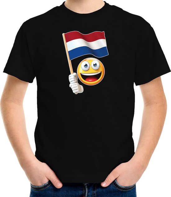 Bellatio Decoration Verkleed Nederland T-shirt voor kinderen - zwart - emoticon met vlag - Koningsdag 146/152
