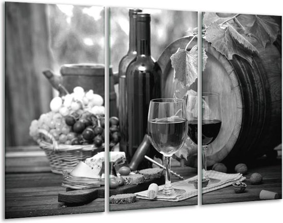 Glasschilderij Wijn, Keuken - Zwart, Wit, Grijs - 120x80cm 3Luik - Foto Op Glas - Geen Acrylglas Schilderij - GroepArt 6000+ Glas Art Collectie - Maatwerk Mogelijk