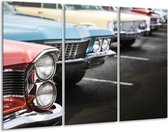 Glasschilderij Oldtimer, Auto - Zwart, Blauw, Rood - 120x80cm 3Luik - Foto Op Glas - Geen Acrylglas Schilderij - GroepArt 6000+ Glas Art Collectie - Maatwerk Mogelijk
