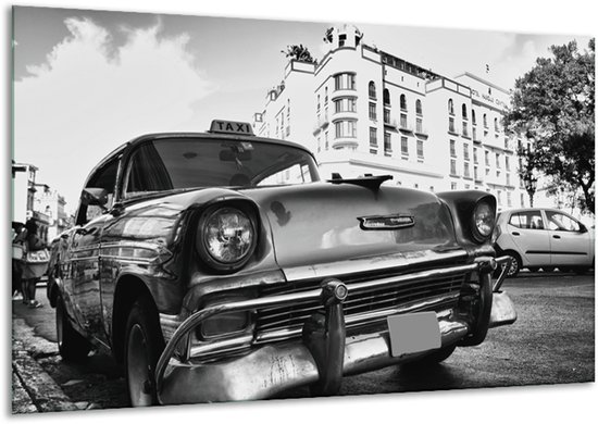 Glasschilderij Auto, Oldtimer - Zwart, Grijs, Wit - 120x70cm 1Luik - Foto Op Glas - Geen Acrylglas Schilderij - GroepArt 6000+ Glasschilderijen Art Collectie - Wanddecoratie - Woonkamer - Slaapkamer