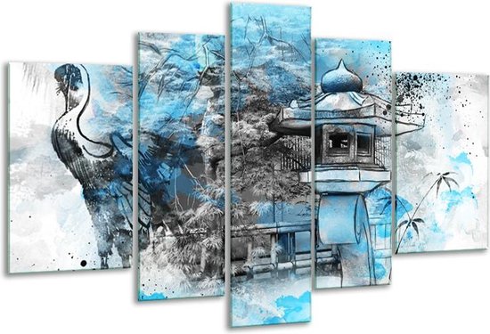 Glasschilderij Vogel, Chinese Gebouw - Blauw, Zwart, Wit - 170x100cm 5Luik - Foto Op Glas - Geen Acrylglas Schilderij - 6000+ Glasschilderijen Collectie - Wanddecoratie