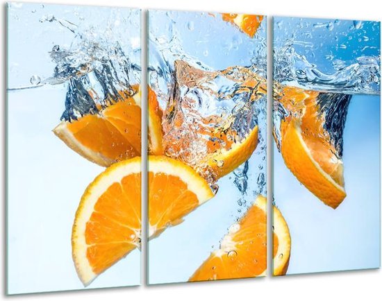 Glasschilderij Sinaasappel, Keuken - Geel, Blauw - 120x80cm 3Luik - Foto Op Glas - Geen Acrylglas Schilderij - GroepArt 6000+ Glas Art Collectie - Maatwerk Mogelijk