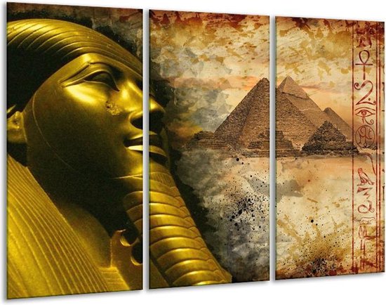 Glasschilderij Egypte - Bruin, Goud, Grijs - 120x80cm 3Luik - Foto Op Glas - Geen Acrylglas Schilderij - GroepArt 6000+ Glas Art Collectie - Maatwerk Mogelijk